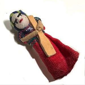 Guatemalan Worry Doll Scatter Pin Brooch Wooden Paddle Rustic Folk Art Ethnic